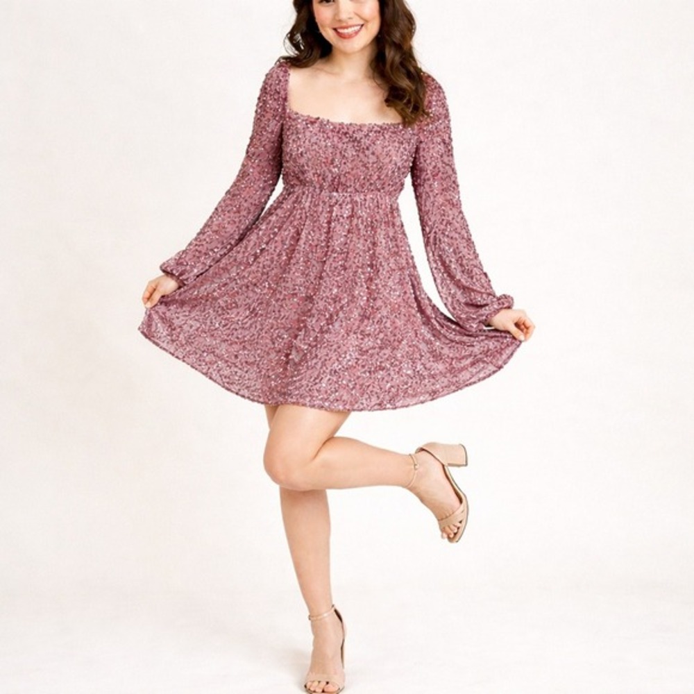 Altar'd State Sequin‎ Dress Womens Medium Dusty Pink Velvet Mini Babydoll NEW